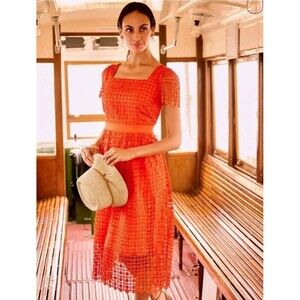 Talbots Lace Fit & Flare Dress Orange Modest Ladylike Feminine Midi Sz 12